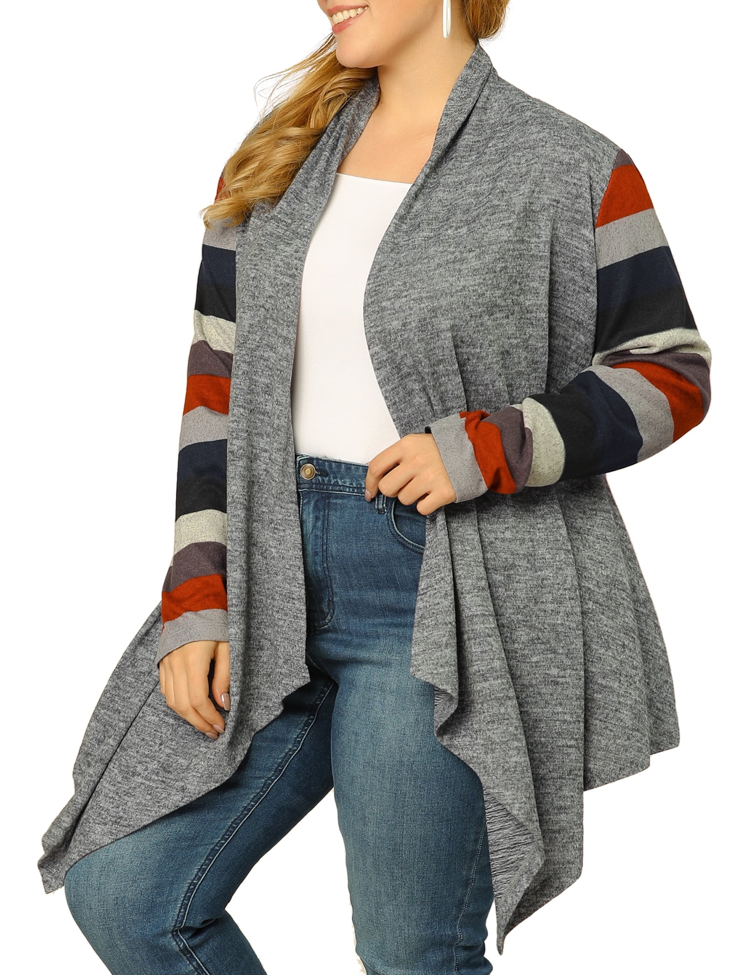 DARING DIVA Plus Size Striped Open Front Knit Cardigan Sweaters Shrugs 2X Gray