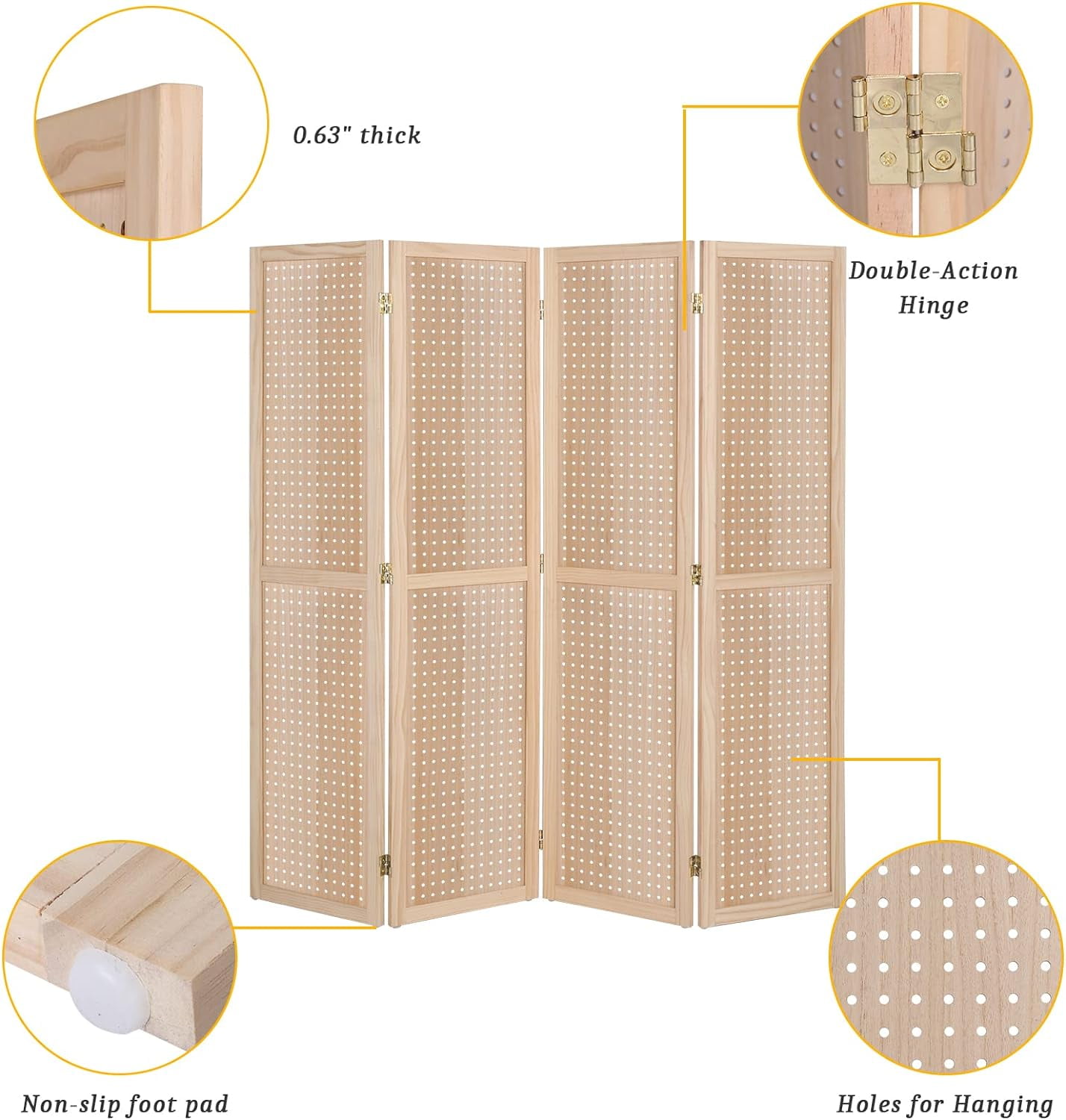 Bonnlo 4 Panel Pegboard Freestanding, 5 FT Portable Display Board Organizer for Craft Show Jewelry, Wooden Folding Privacy Screen Room Divider (with Base, Natural)