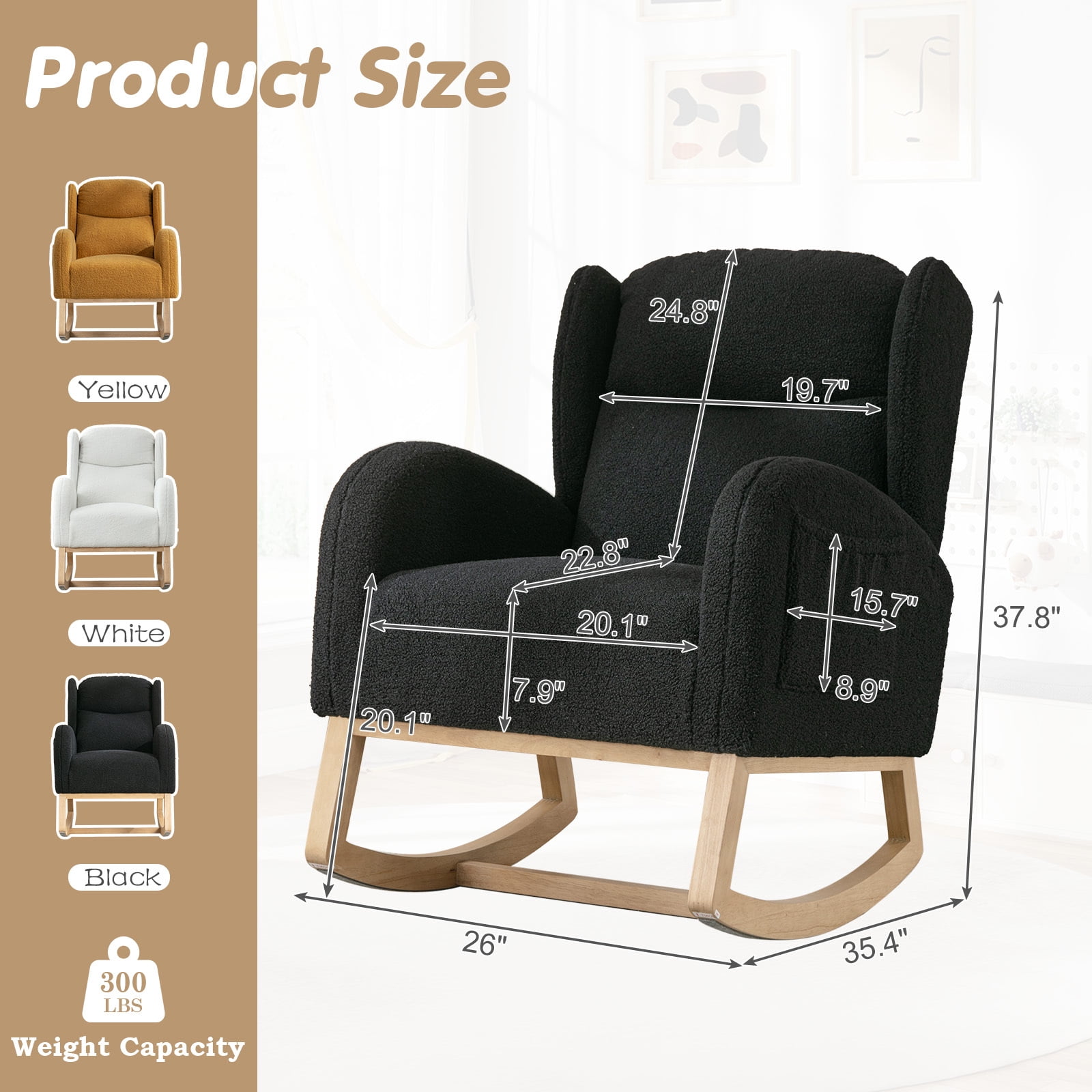 Lunale Indoor Rocking Chair, Upholstered Accent Rocker Chair with Wood Legs, Black Teddy
