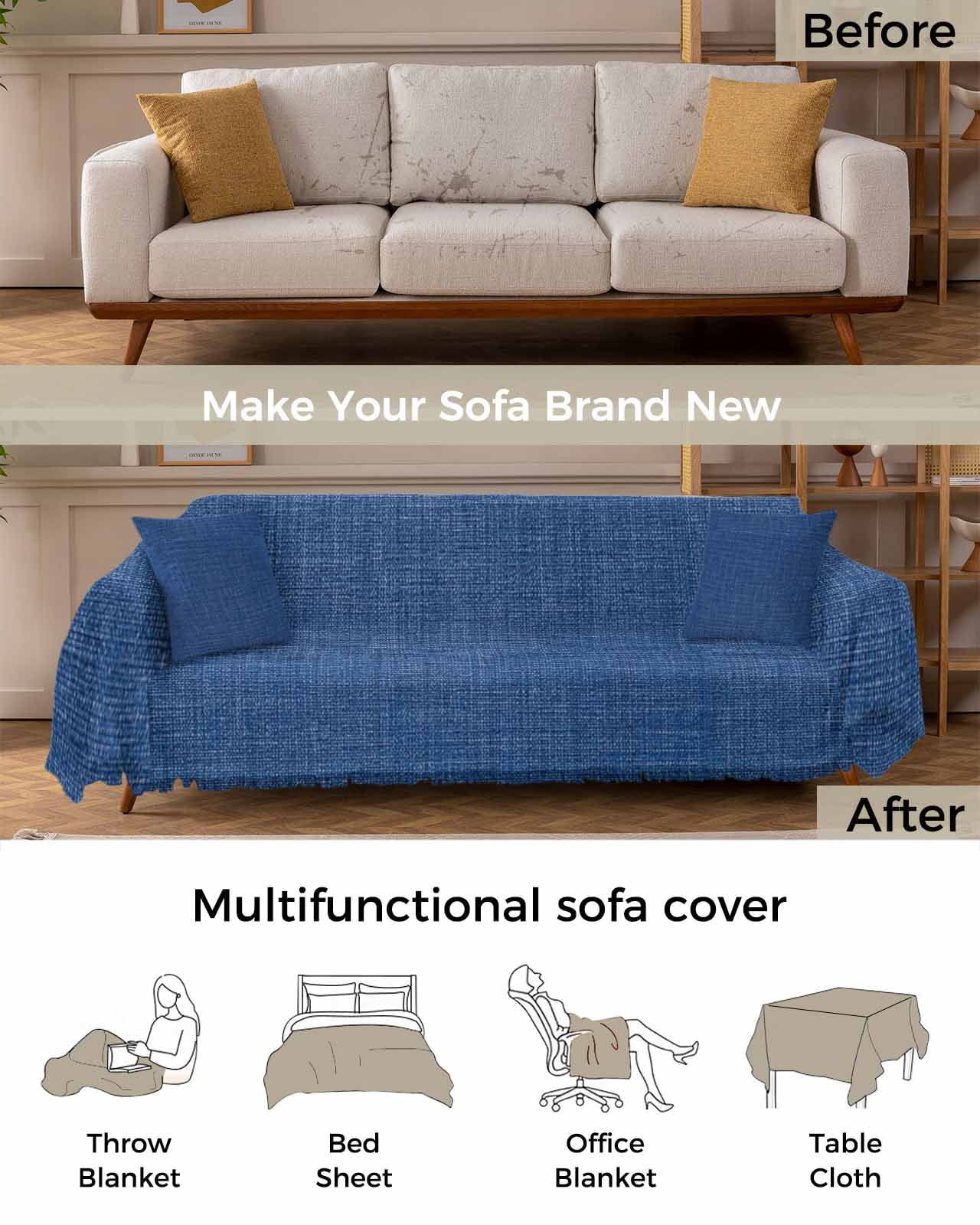 Navy Blue Couch Cover for 2 Cushion Couch, Vintage Country Monochrome Farmhouse Washable Love Seat Sofa Covers Slipcover, Throw Sofa Covers for Pets, Furniture Protector 71"x102"