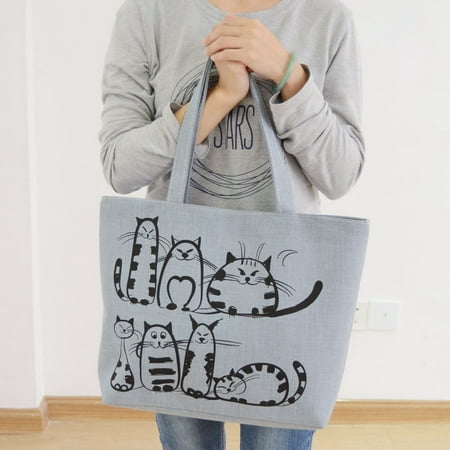 2016 Cartoon Cats Printed Beach Zipper Bag Bolsa Feminina Canvas Tote Shopping Handbags sac a main femme de marque
