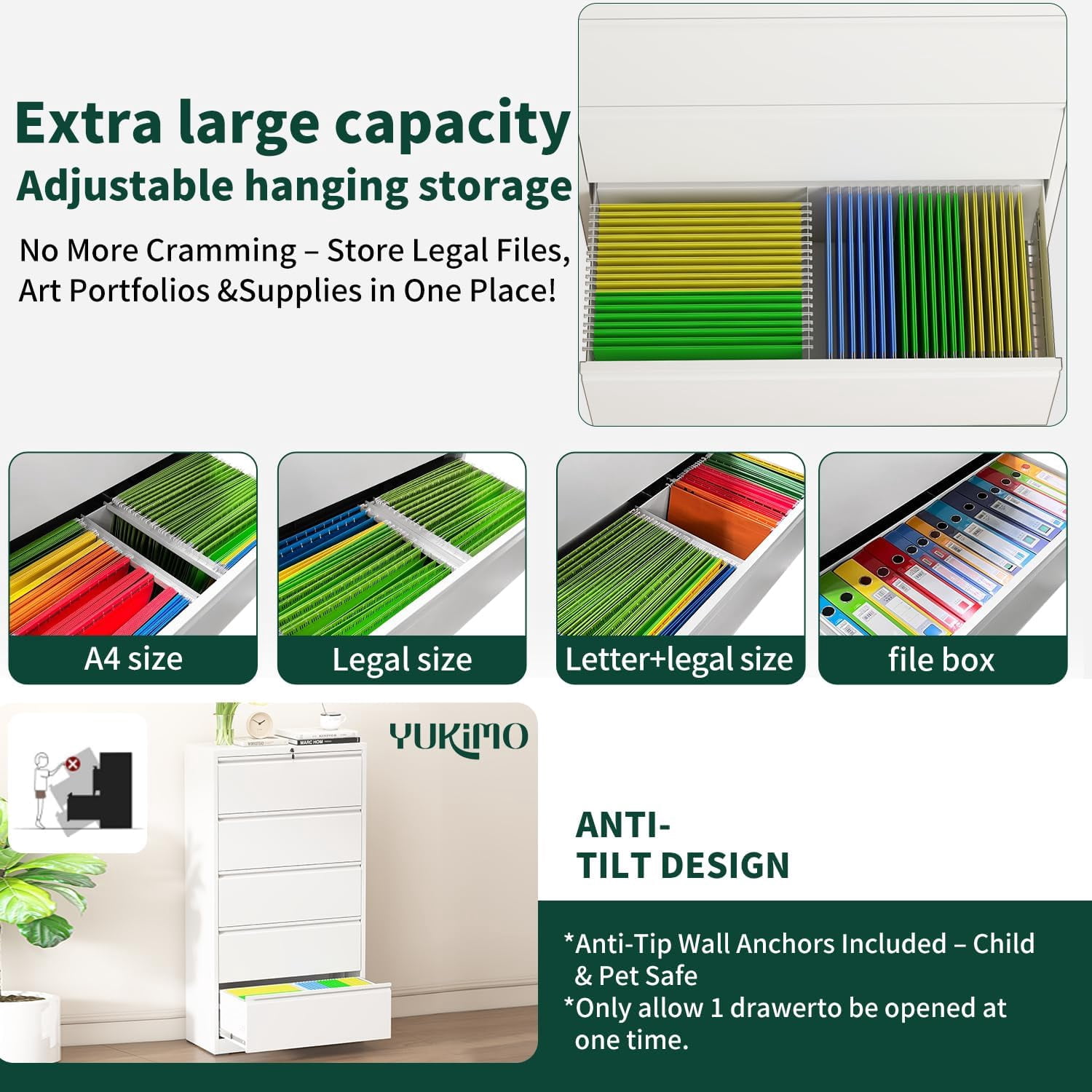 5 Drawer Lateral File Cabinet with Lock, File Cabinets for Home Office Legal/Letter A4 Size, File Cabinet Storage Cabinet, Require Assembly, White