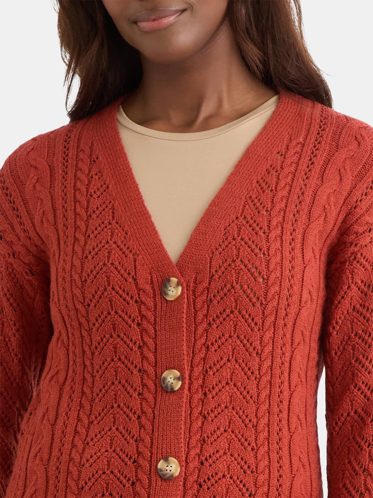 Time and Tru Women's and Women's Plus Cable Knit Cardigan Sweater, Lightweight, Sizes XS-4X