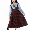 thumbnail image 5 of Girls Uniform Overall Dress Preppy Plaid Dress Button Down Long Sleeve Dress with Bow Tie for Tees Girls Size 5-16 Years, 5 of 7