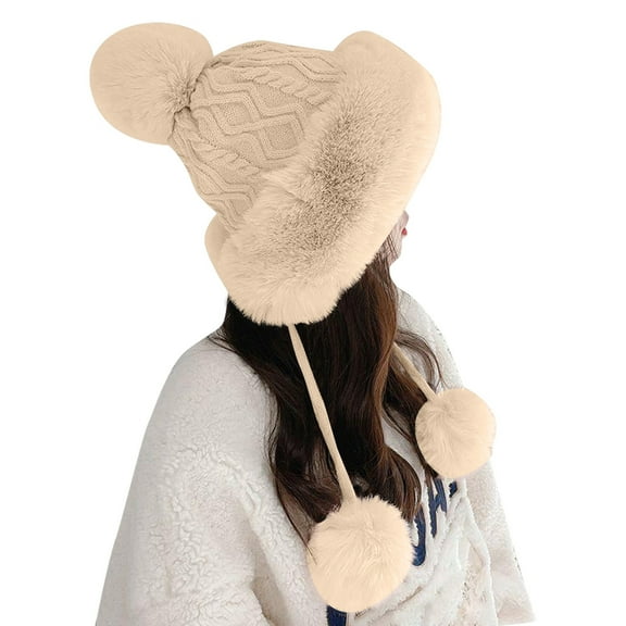 Gyujnb Warm Fuzzy Earflap Winter Hat for Women - Knit Pompom Cap with Braided Ties,Outdoor Skiing, Cold Weather & Fashionable Daily,Size:One Size