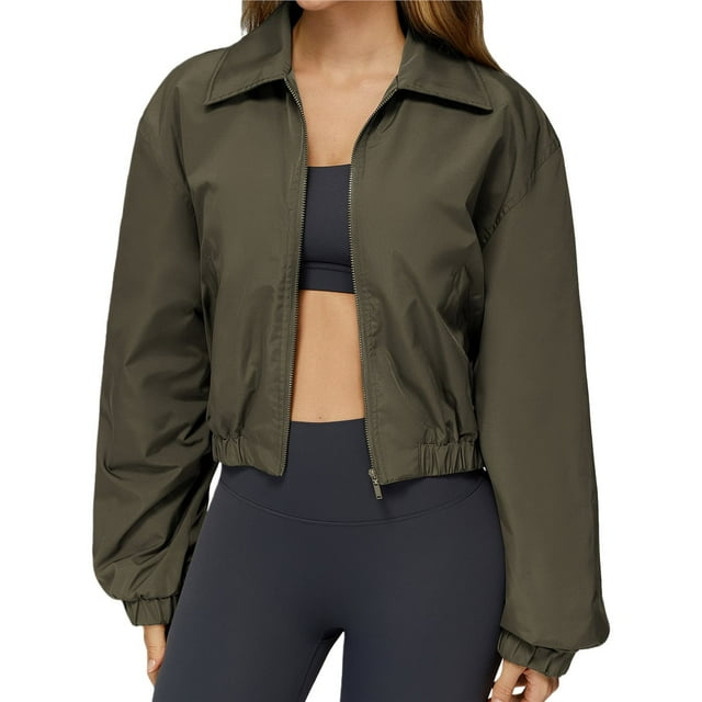 Chaqueta Corta Holgada para Mujer, con Cremallera, Cortavientos, Cálida, Ideal para Deportes Al Aire Libre y Correr Verde Oscuro XL