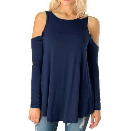 tunic loose blouse shoulder cold tops casual navy sleeve shirts