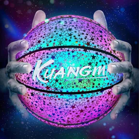 Kuangmi Reflective Star Basketball Size 7 Colorful PU Material 29.5 inches Night Eye Catching Basketball Enthusiasts Training Entertainment Trendy Glowing Ball