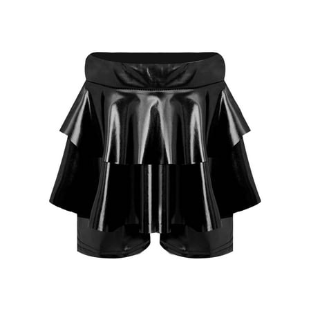 Haitryli Kids Girls Shiny Metallic Hip Hop Jazz Dance Skirted Shorts Sparkly Ruffle Tiered Culotte Performance Dancewear Black 9-10