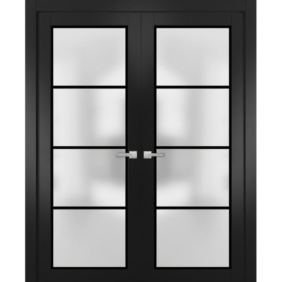 Solid French Double Doors 36 x 80 inches | Planum 2132 Matte Black Frosted Glass | Wood Solid Panel Frame Trims | Closet Bedroom Sturdy Doors