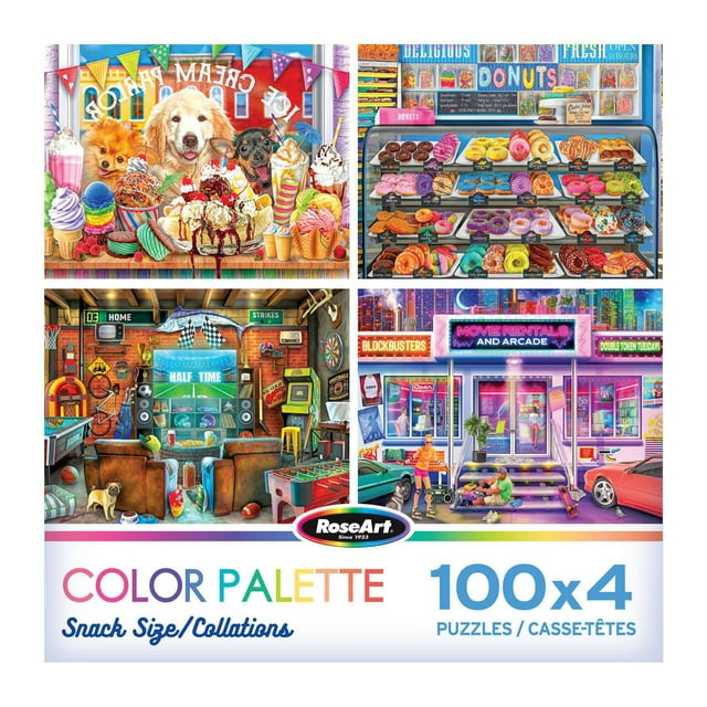 RoseArt Snack Size 400-Piece Color Palette Adult Interlocking Puzzle set featuring four 100-piece puzzles with vibrant scenes: an ice cream parlor with dogs and desserts, a bakery display of assorted donuts, a game room with sports and arcade games, and a neon-lit movie rental and arcade storefront at night.