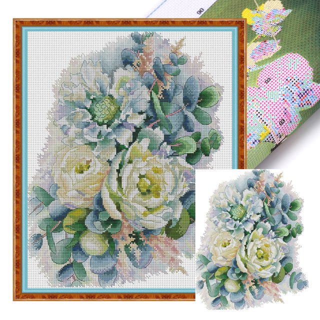 Kit Punto Cruz Peonía Impresa Hilo Algodón Ecológico Bordado 14CT 34x40cm