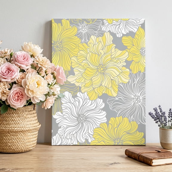 Canvas Wall Art Farmhouse Canvas Art Print Pastoral Flowers Graffiti Yellow White Spring Floral Pictures Wall Decor for Living Room Bedroom Artwork Decorations Stretched Framed Ready to Hang 12"x18"