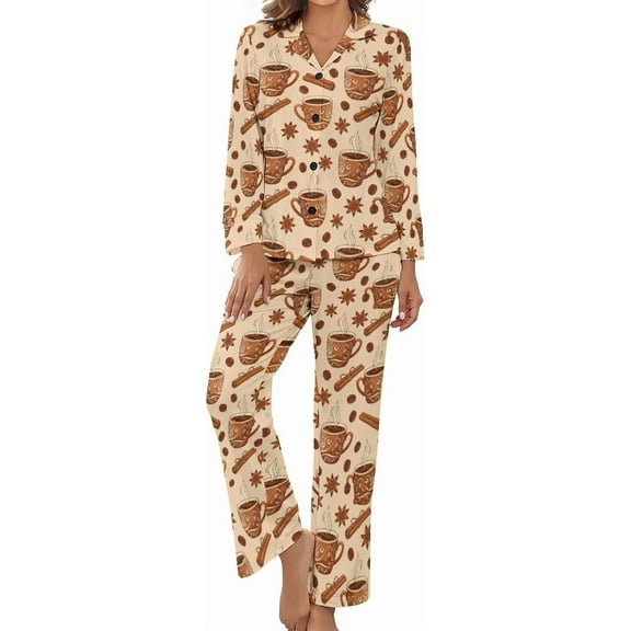 Top-kevin Womens Pajamas Set Cute Coffee Cups Spices Soft Long Sleeve Sleepwear Button Down Sets