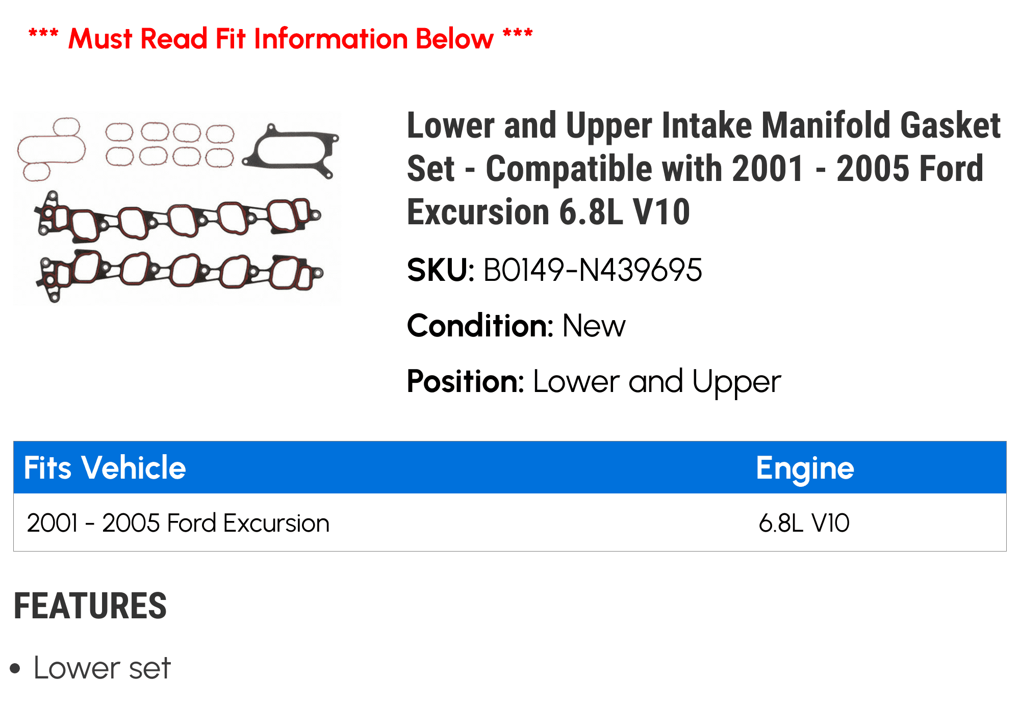 Lower and Upper Intake Manifold Gasket Set - Compatible with 2001 - 2005 Ford Excursion 6.8L V10 2002 2003 2004