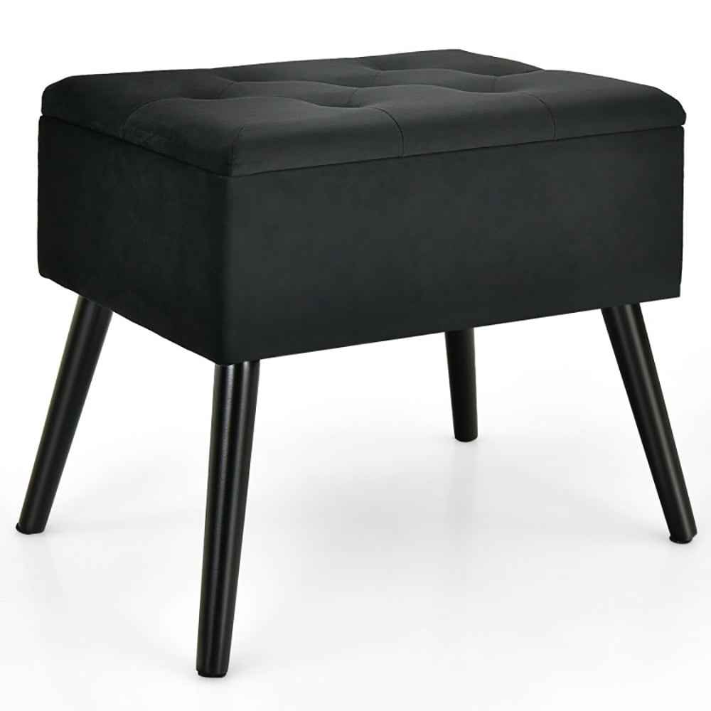 Finihen Velvet Storage Ottoman, Storage Foot Rest, Upholstered Footrest Stool, Velvet Footstool with Solid Wood Legs, for Makeup Room, Living Room, Bedroom, Black
