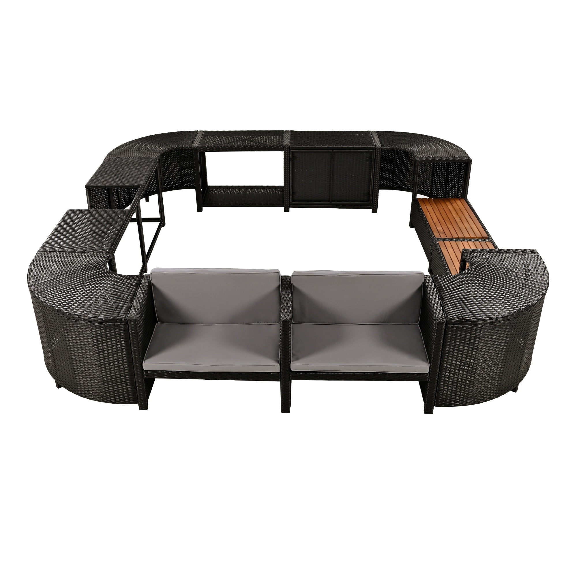 Seizeen Spa Surround Furniture for Hot Tub, 74'' Hot Tub Accessories Patio Spa Frame, Rattan Sectional Sofa for Outdoor Spa with Wood Bench, Cushioned Loveseat, Storage Cabinet, Gray