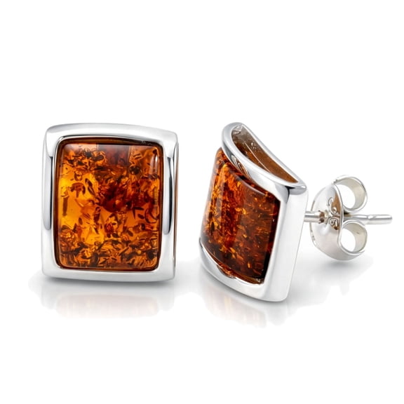 Lottie Genuine Baltic Honey Amber Stud Earrings in 925 Sterling Silver – Rectangular Cabochon Post Earrings for Women