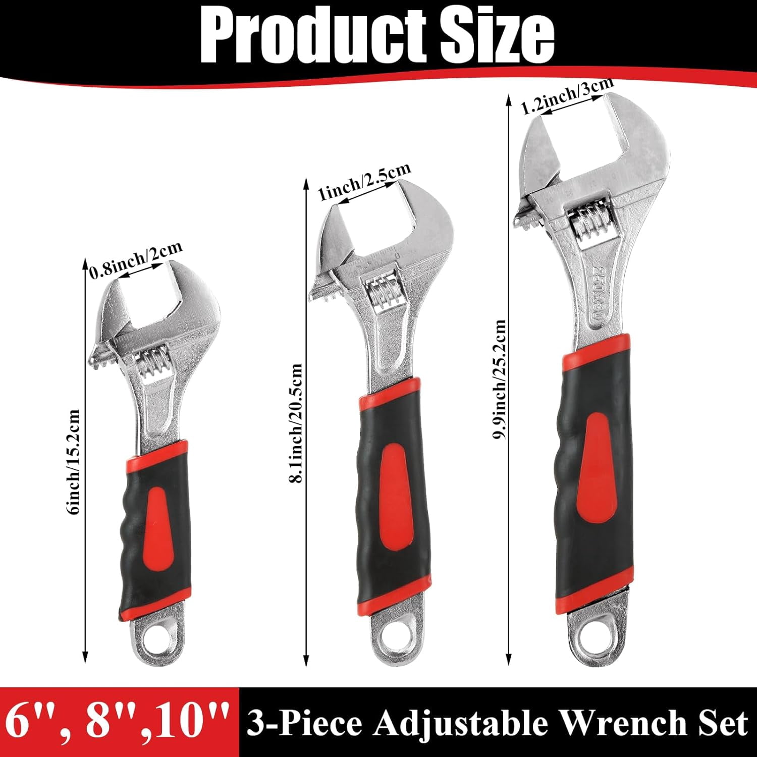 MKEUDQ-3 Pcs Adjustable Wrench Set, 10/8/6 Inch, Crescent Soft Grip Non-Slip Wrench with Laser Etched SAE Graduations for Home, Garage, Workshop and DIY.