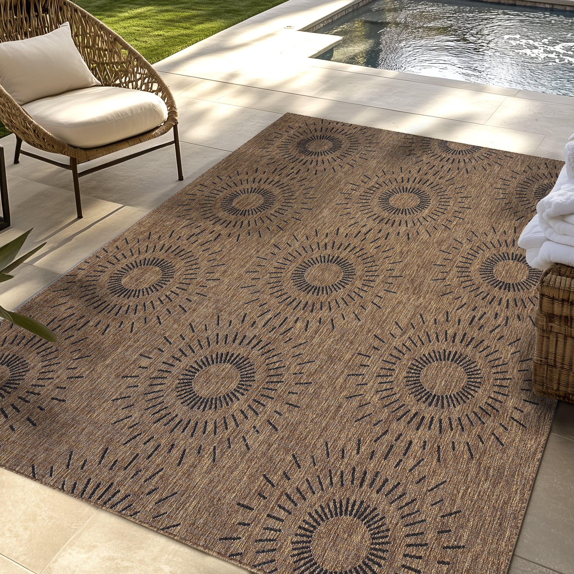 Gertmenian Tropea Tiaret Modern Geometric Chestnut UV Resistant Flatweave Indoor Outdoor Area Rug, 5x8