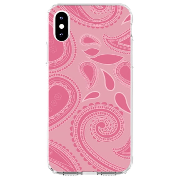 DistinctInk Clear Shockproof Hybrid Case for iPhone XS Max (6.5" Screen) - TPU Bumper, Acrylic Back, Tempered Glass Screen Protector - Big Pink Paisley