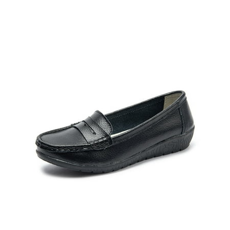 

Woobling Casual Loafer Shoes for Womens Fashion Slip On Leather Flats Shoes Soft Driving Round Toe Moccasins Black 5.5