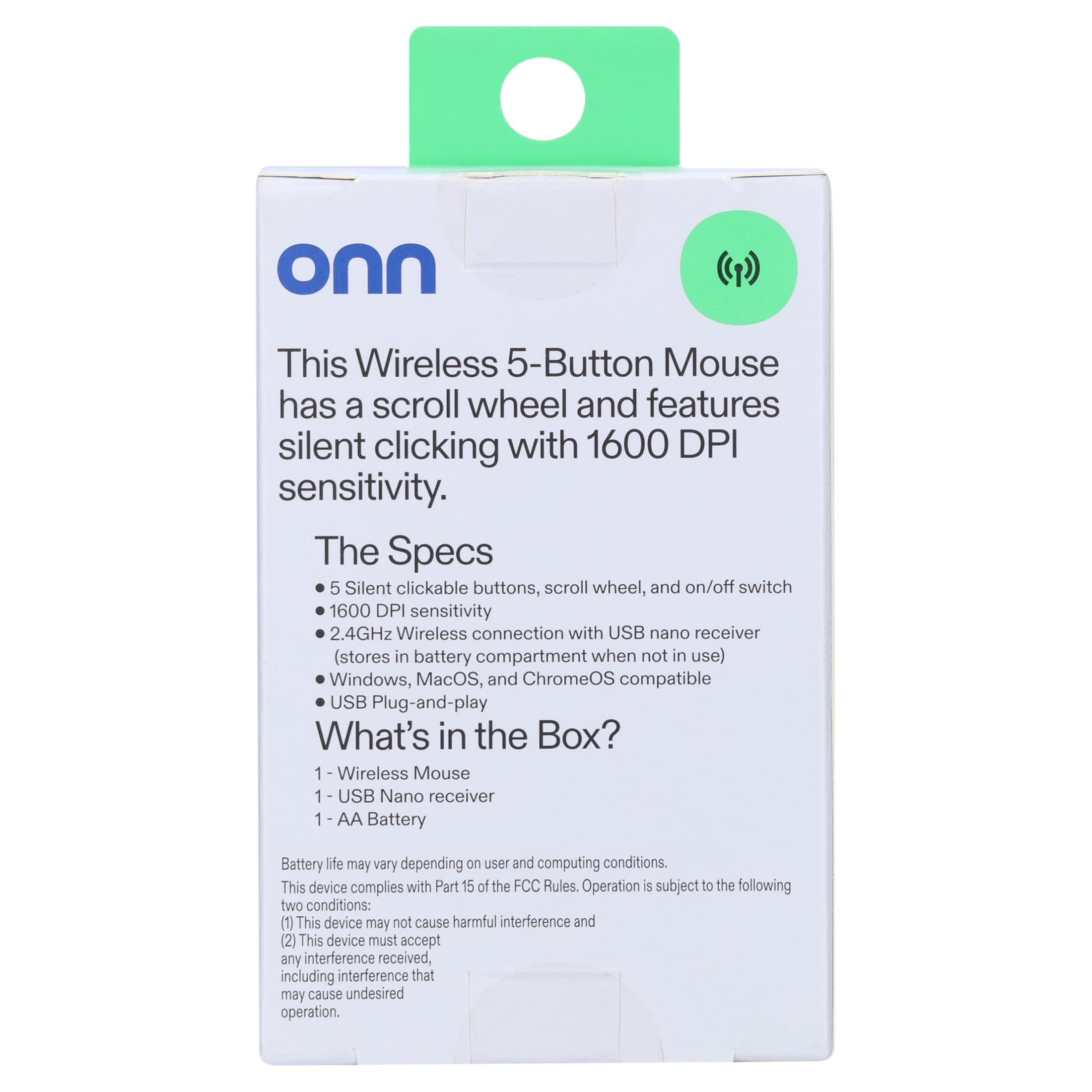 Onn Silent Wireless 5-Button Mouse with 1600 DPI, USB Nano Receiver, Pink