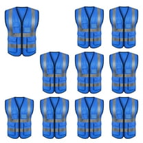 Toptie 5 Pockets High Visibility Zipper Front Safety Vest with Reflective Strips Uniform Vest, Pack of 10-Blue-M