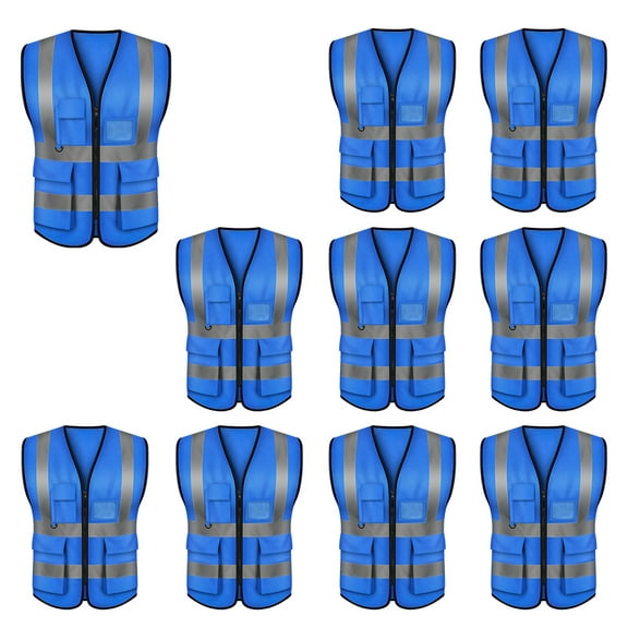 Toptie 5 Pockets High Visibility Zipper Front Safety Vest with Reflective Strips Uniform Vest, Pack of 10-Blue-XL