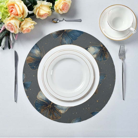 15.4" Round Placemat Set of 1 Polyester Fabric Place Mats Non-Slip Dining Kitchen Table Mats for Kitchen Party Decor Brown-blue Butterfly Pattern