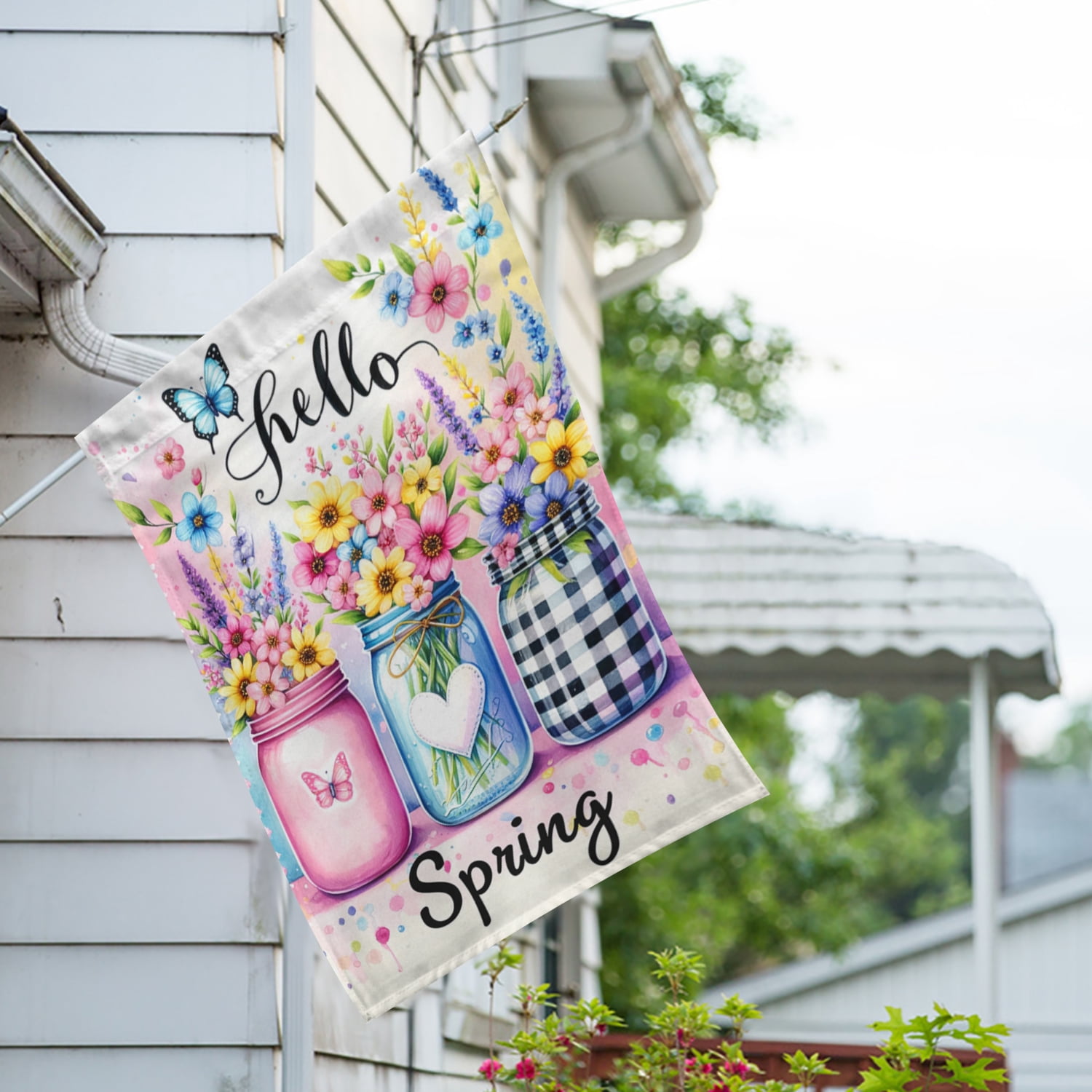 America Forever Spring Floral Mason Jar House Flag, 28x40 inch Double Sided, Butterfly Flower Hello Spring Yard Decoration, Seasonal Holiday Decorations for Outside