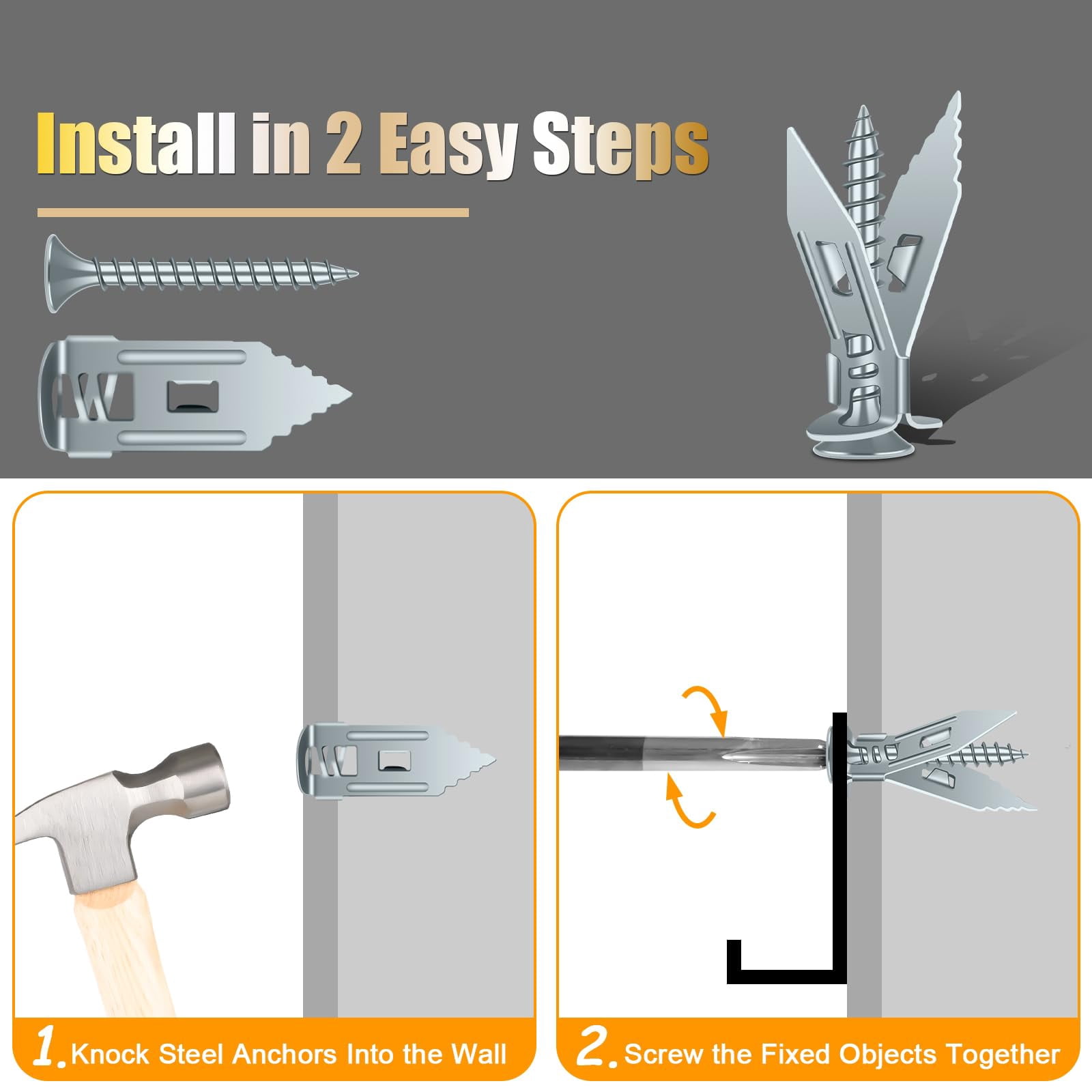 180Pcs Self Drilling Drywall Anchors, Metal Heavy Duty Dry Wall Anchors and Screws Kit, Silver Renter Friendly Anchor for Sheetrock,Hollow Wall, Hanging Shelves,Mirrors,Wall Decor,Pictures