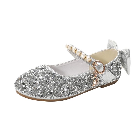 DMDUOU Girls Mary Jane Sequin Dress Shoes Toddler Cute Wedding Party Flat Shoes Silver 6 Years
