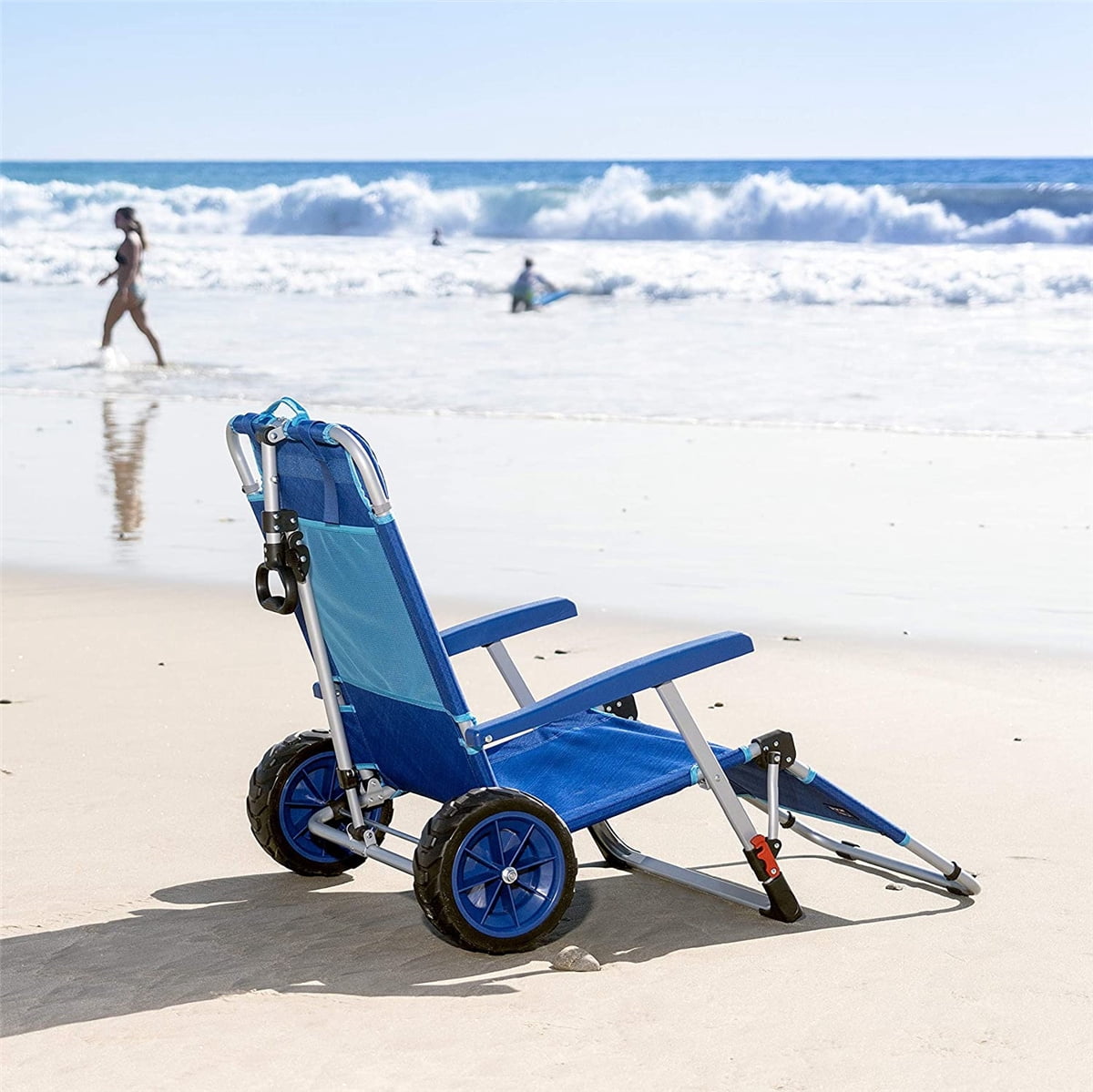 Beach Chair 2 In 1 Folding Lounge Chair Outdoor Beach Cart Integrated Pull Cart Recliner Lounge Combo With All Terrain Wheels For Outdoor Patio Camping Blue Walmart Com Walmart Com