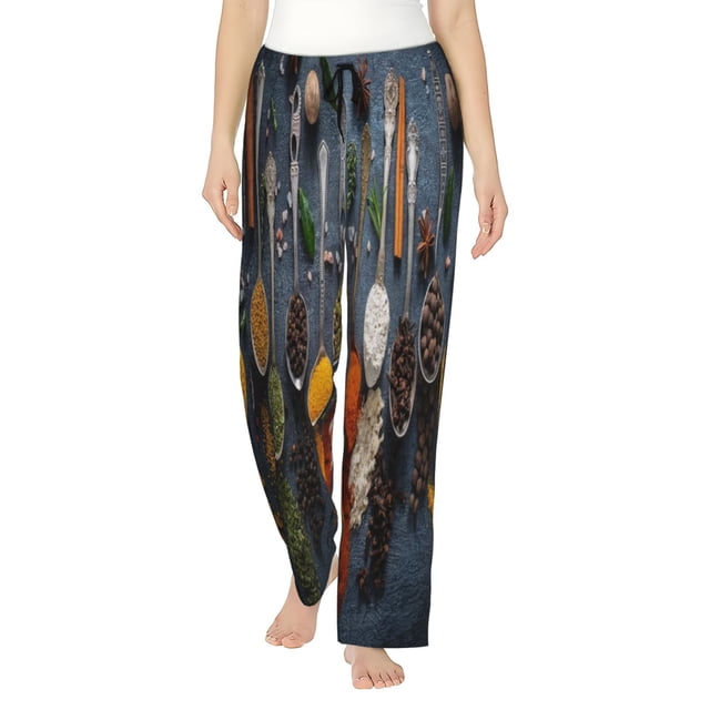 Fotbe Various Herbs And Spices In Spoons Pantalones de Pijama para Mujer, Pantalones de Dormir, Pantalones Pj con Cordón y Bolsillos-Small
