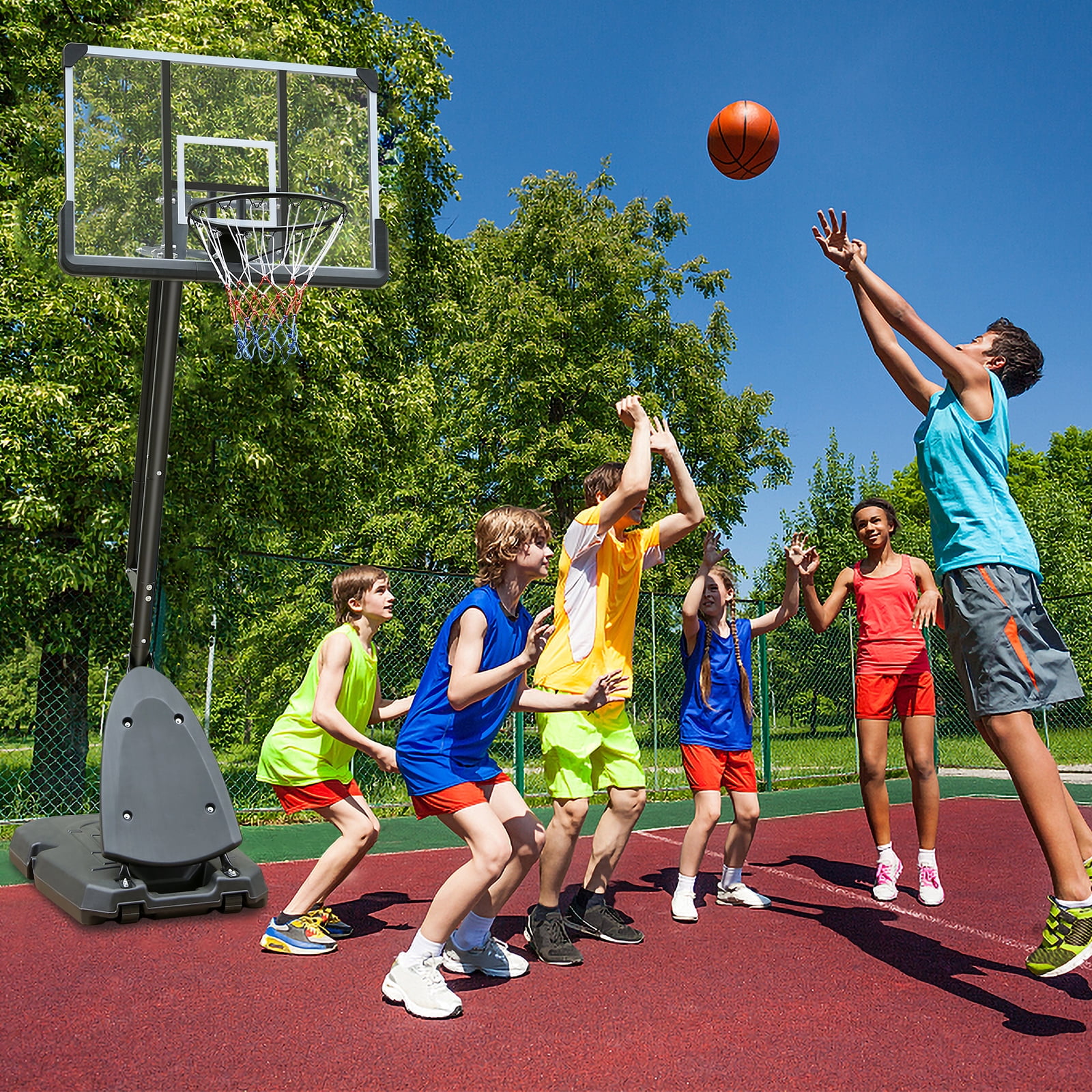 44" Transparent Adjustable Height Portable Outdoor Basketball System with Stable Base and Wheels