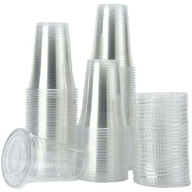 Disposable Plastic to Go Cups with Flat Lids and Straws - Clear Bulk 100 Sets (16 oz)