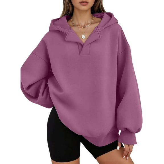 Womens Oversized Hoodies V Neck Sweatshirts Long Sleeve Pullover Loose Clothes 2025 Fall Trendy Tops Purple L