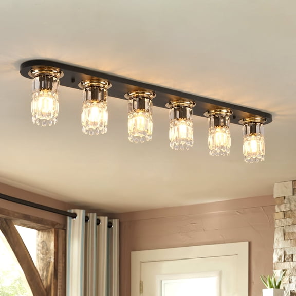 Garwarm 47.24 in Black Flush Mount Ceiling Light, 6-Light Vintage Modern Crystal Ceiling Light Fixture for Hallway Kitchen Living Room Bedroom