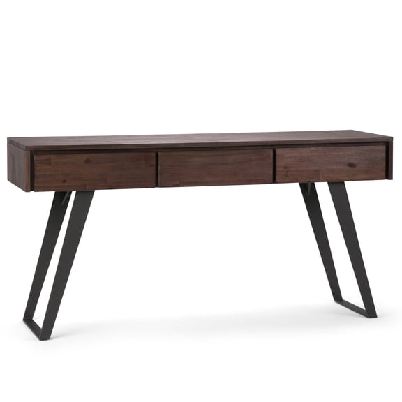 Simpli Home Lowry 60 inch Wide Solid Acacia Wood Modern Industrial Console Sofa Table in Distressed Charcoal Brown