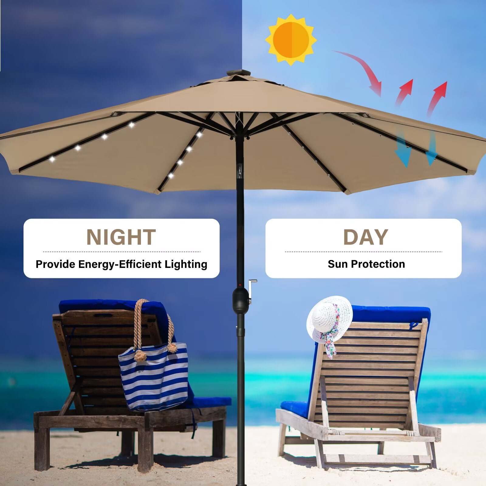 Simple Deluxe 9' Solar 32 LED Lighted Patio Umbrella Outdoor Table Market Umbrellas with Push Button Tilt/Crank for Garden, Deck, Backyard and Pool, Tan