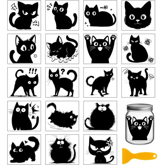 18 Sheets Cute Cat Rub on Transfer 3.9x3.6inch Animal Vase Home Decals Black Cat Cup Transfer Stickers