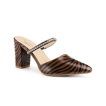 

Perphy Pointed Toe Rhinestones Strap Chunky Heel Mules for Women