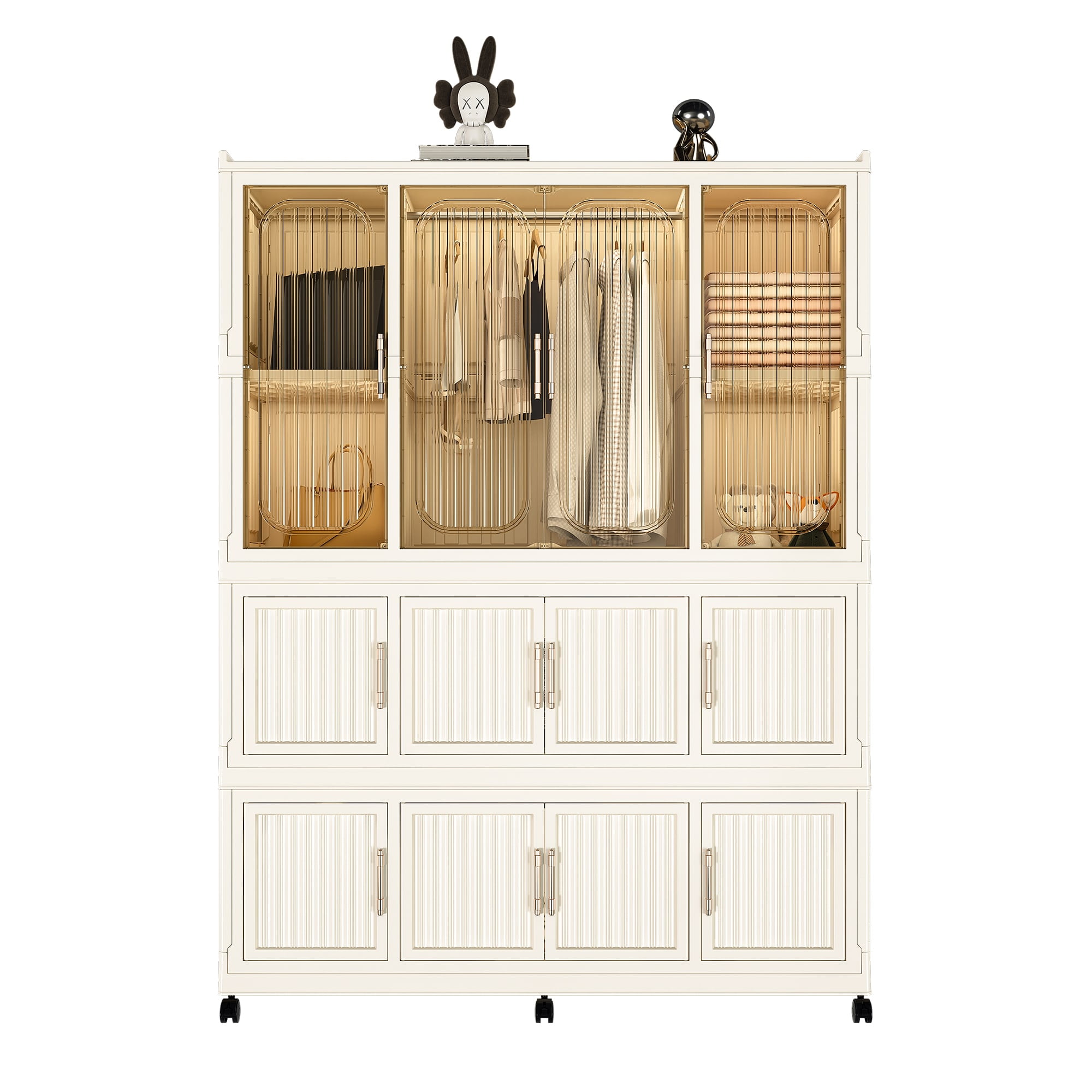 Resenkos Portable Wardrobe Closet Storage Organizer, Clothes Dresser with 12 Magnetic Doors (12 Cubes & 1 Hanging Rod) & 6 Hangers, Cream White