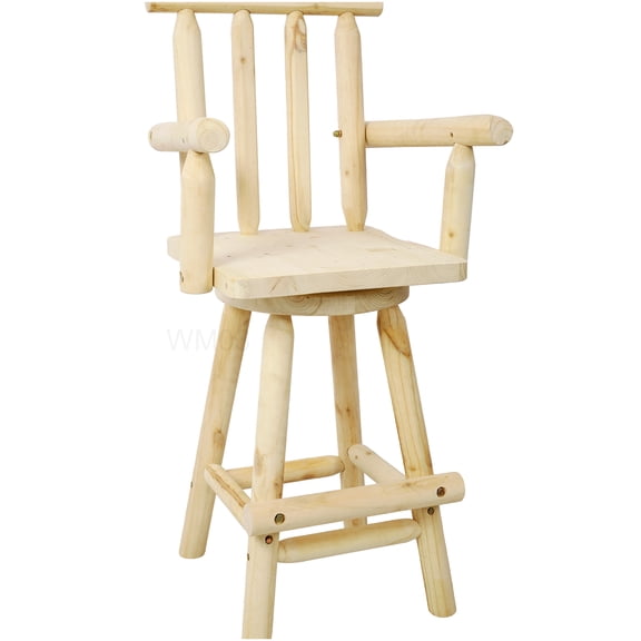 Swivel Bar Stool with Backrest - Light Brown Fir Wood, Footrest and Wide Armrests for Kitchen Island