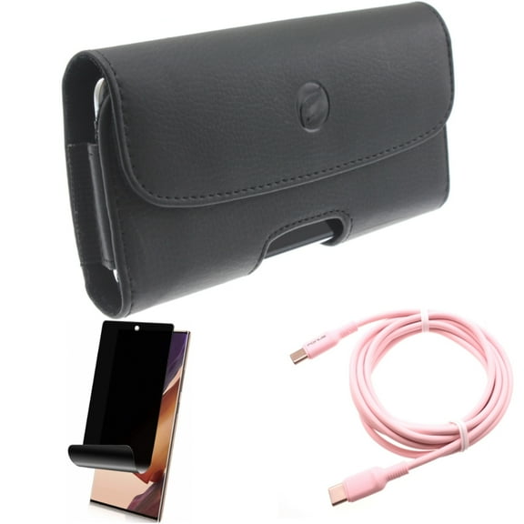 Pink 10ft Long Cable & Case Belt Clip & Privacy Screen Protector for Samsung Galaxy Note 20 Ultra (6.9") - Combo with USB-C to Type-C PD Fast Charger & Leather Holster & TPU Film Anti-Peep