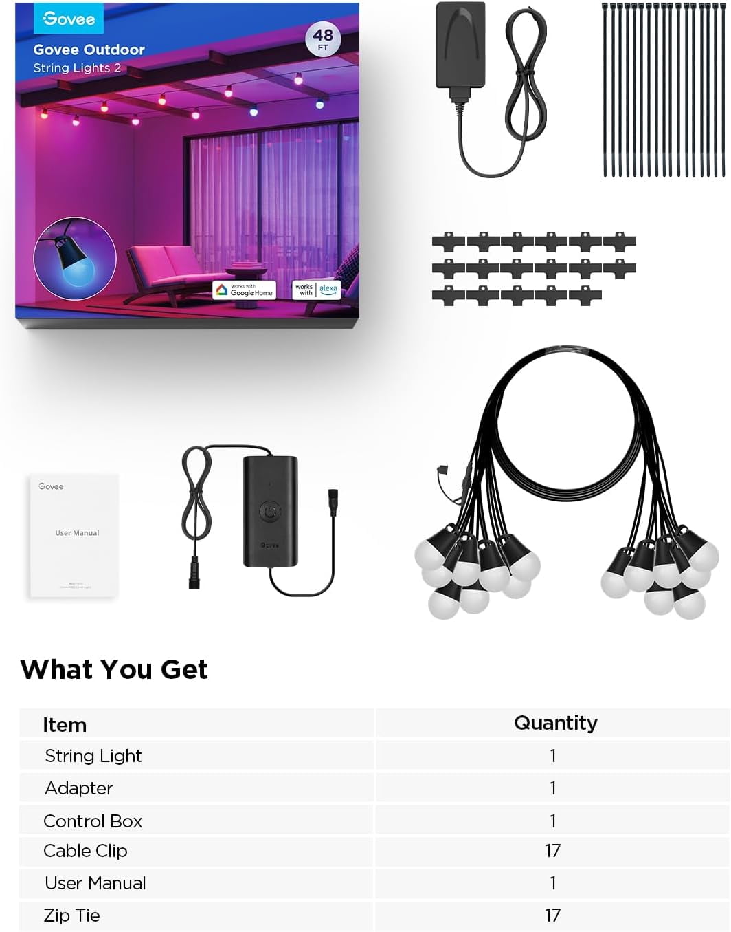 Govee Smart Outdoor String Lights, 48ft, Corded  Electric