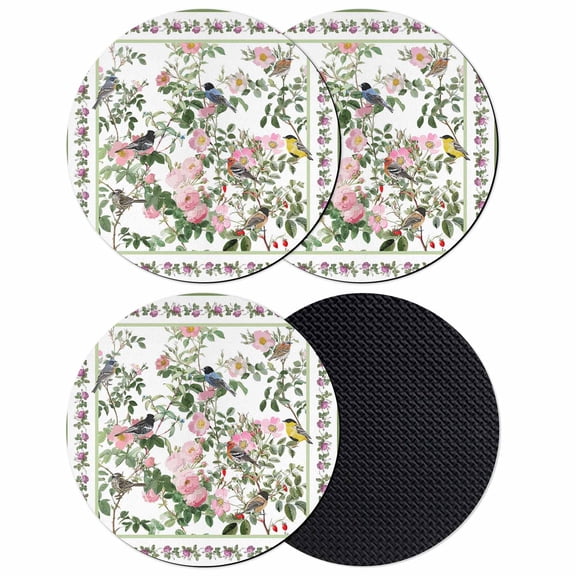 Pink Spring Floral Coasters Set of 4, Absorbent Coasters for Drinks, Elegant Pastoral Flowers Birds Watercolor Coaster for Desk Coffee Table Protection, Home Decor House Warming Gifts 4"