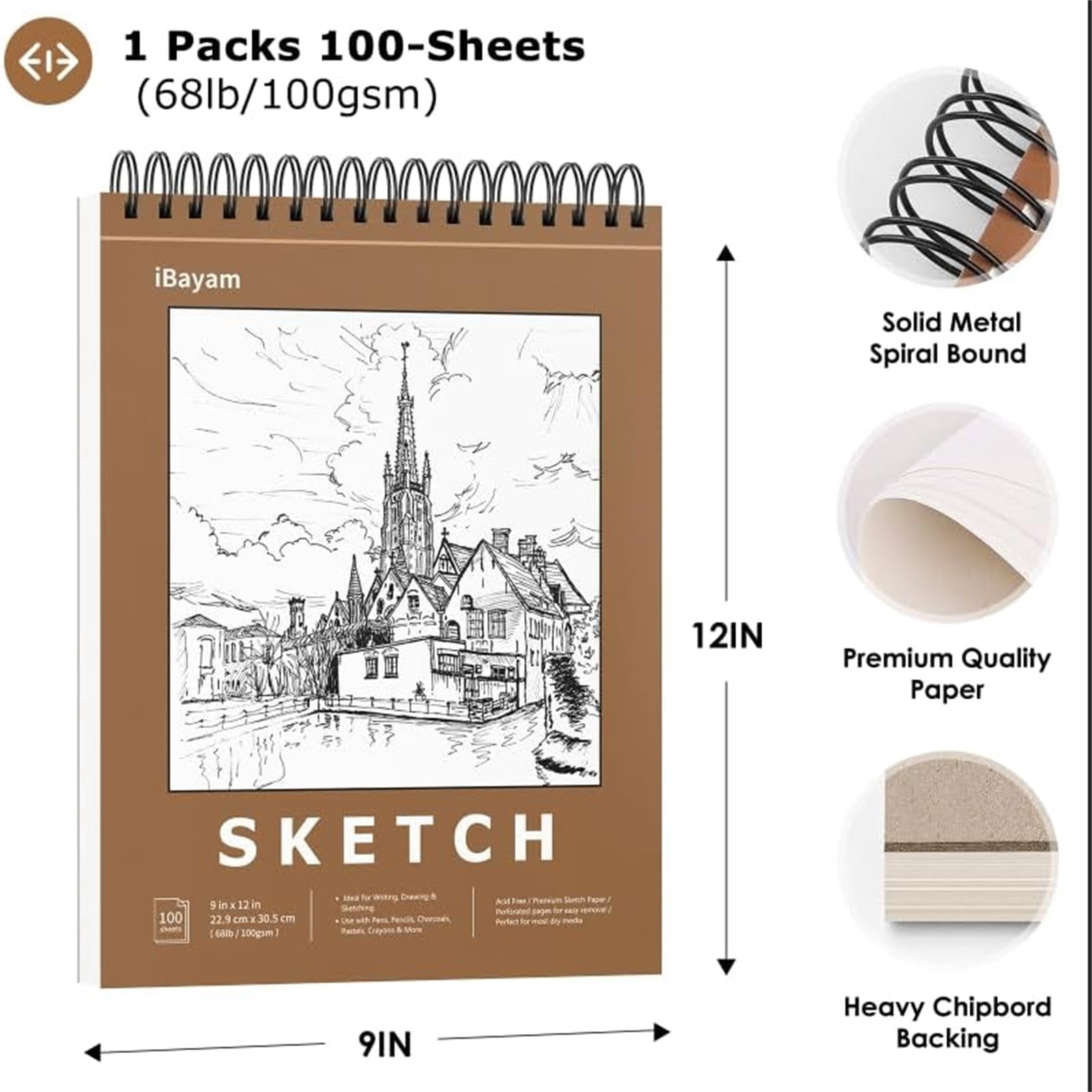 Clearance Office&Craft&Stationery under $20,9" X 12" Premium Sketch Book Set 1 Pack Bound Drawing Paper 100 Sheets (68lb/100gsm) Sketchbook Art Drawing Painting Sketching Pad Supplies For Chilre
