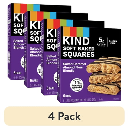 (4 pack) KIND Soft Baked Gluten Free Salted Caramel Almond Flour Blondie Squares, 1.4 oz, 6 Count Box